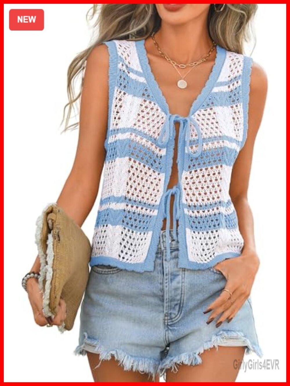 Crochet V Neck Sleeveless Beach Cover Up Tie Front Vest Top